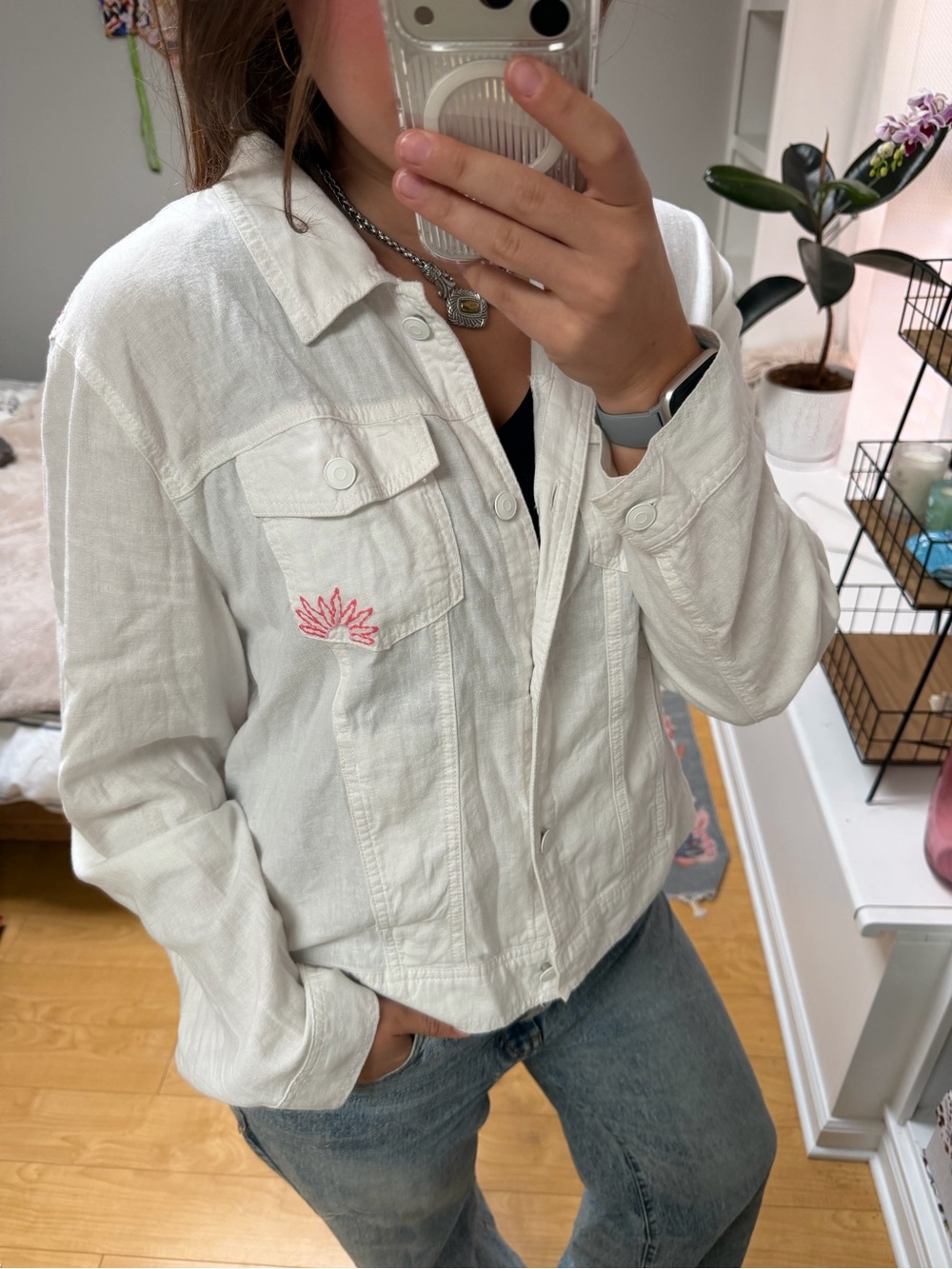 C&C California White Linen Jacket with Pink Embroidery